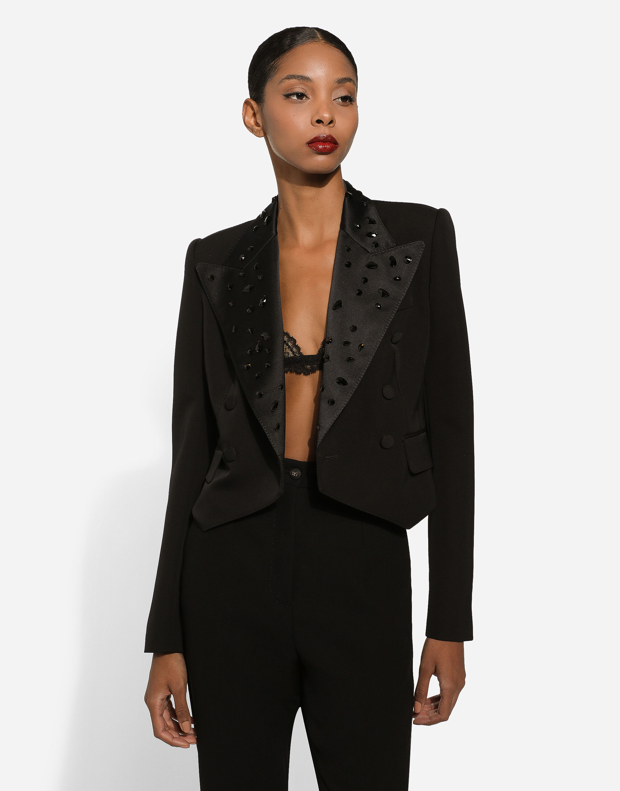 Cropped wool jacket with rhinestone details in Multicolor