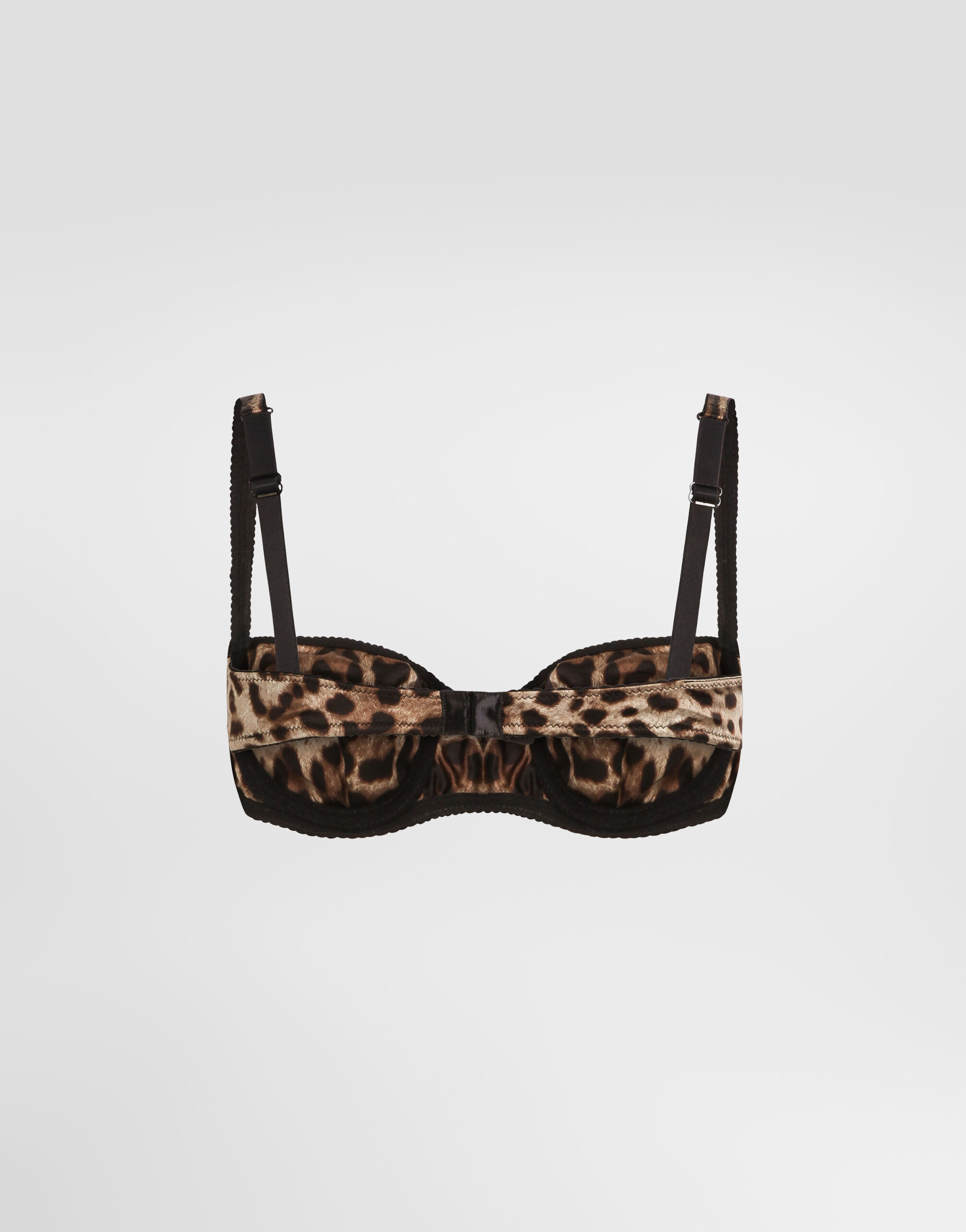 Leopard-print satin balconette bra with lace detailing in