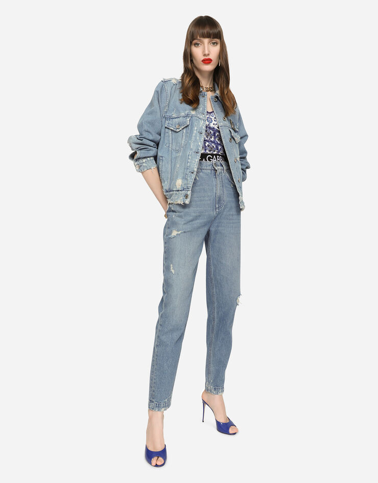 Dolce & Gabbana Blouson en denim avec plaquette à logo Multicolore F9M00DG8GJ3