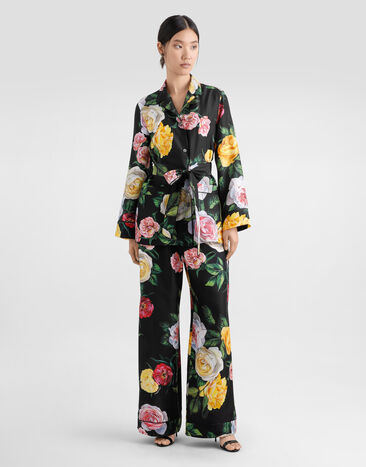 Dolce & Gabbana Silk habotai pajama shirt with rose and peony print Print F5I89TIS1XJ