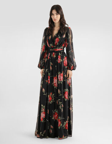 Dolce & Gabbana Abito lungo in chiffon stampa bouquet rose Multicolore F612UTIS11F