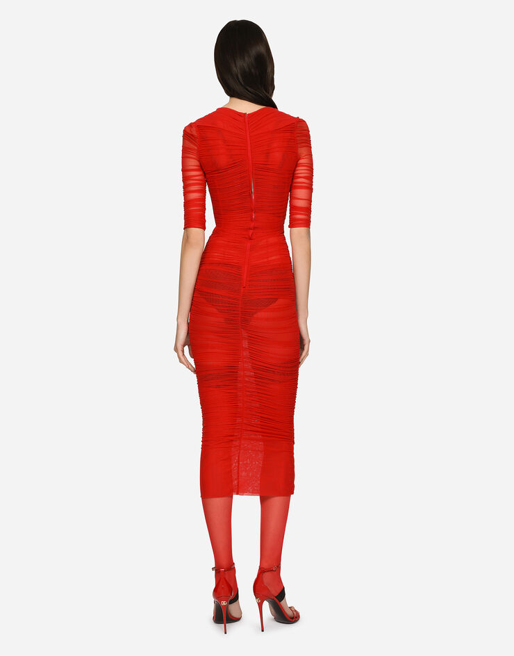 Dolce & Gabbana Tulle calf-length dress with draping Red F6XD3TFLRDA
