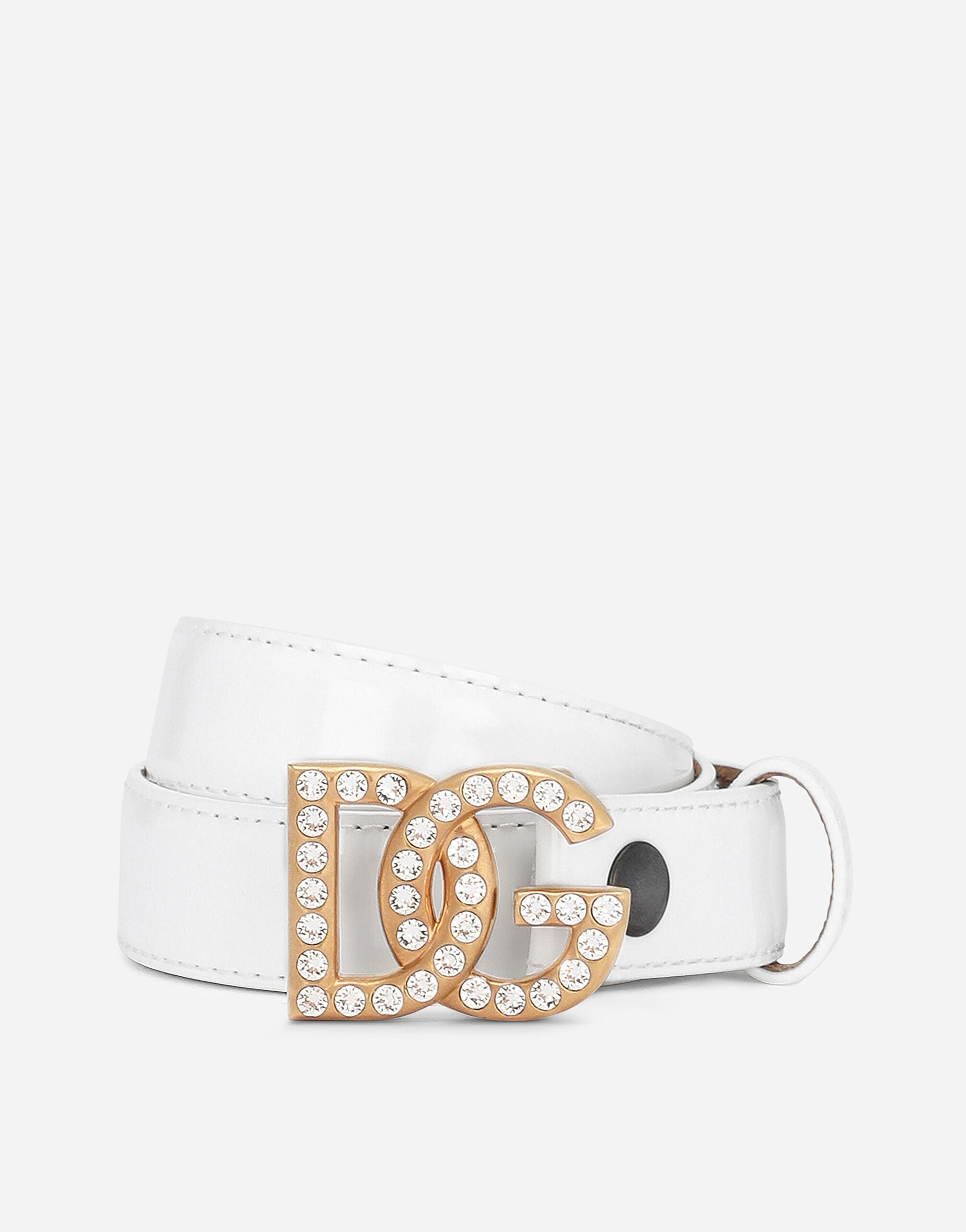 Polished calfskin belt with rhinestone detailed DG logo in White