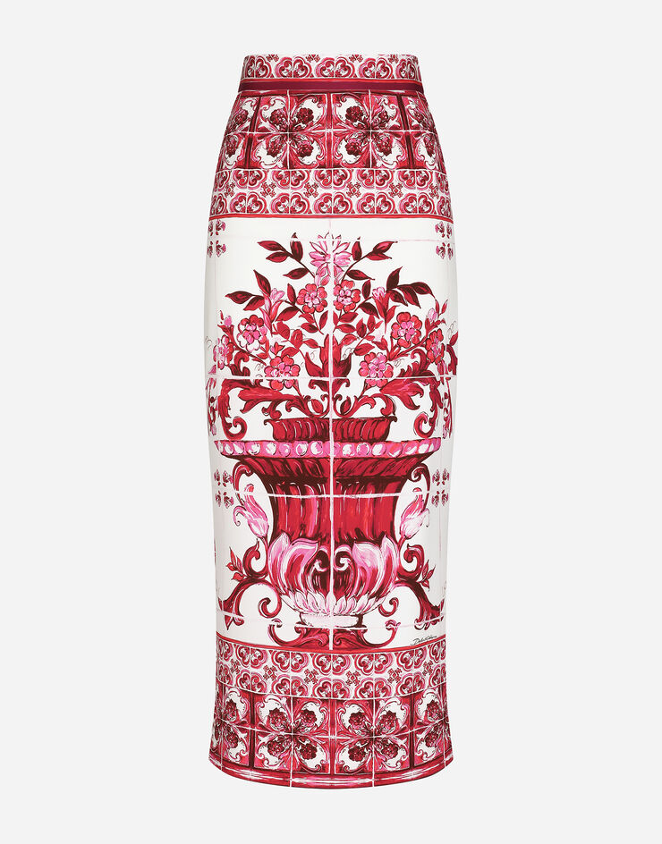 Dolce&Gabbana Jupe mi-longue en charmeuse à imprimé majoliques Multicolore F4BWLTHPABW