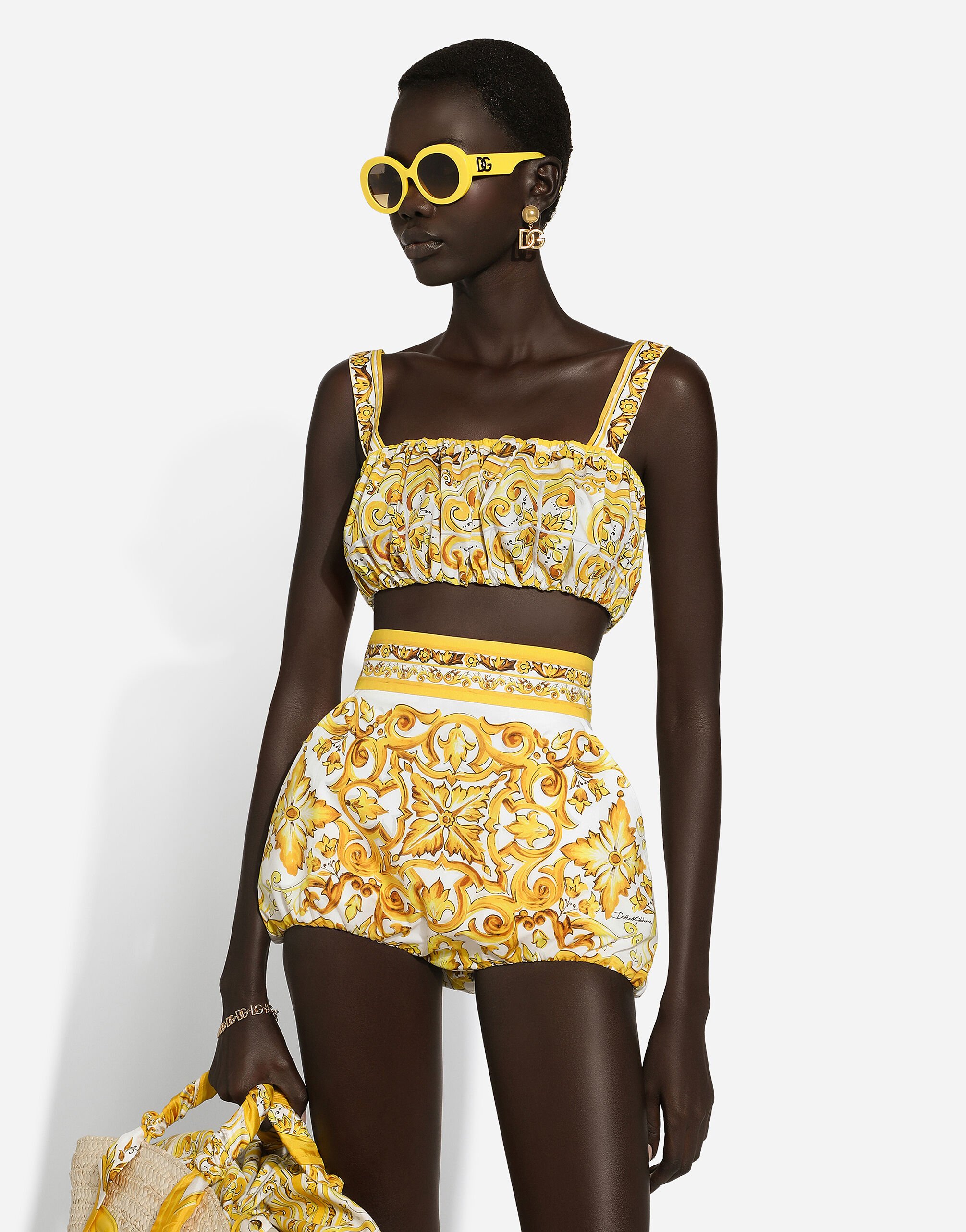 Strappy poplin top with majolica print in Print for Women Dolce Gabbana