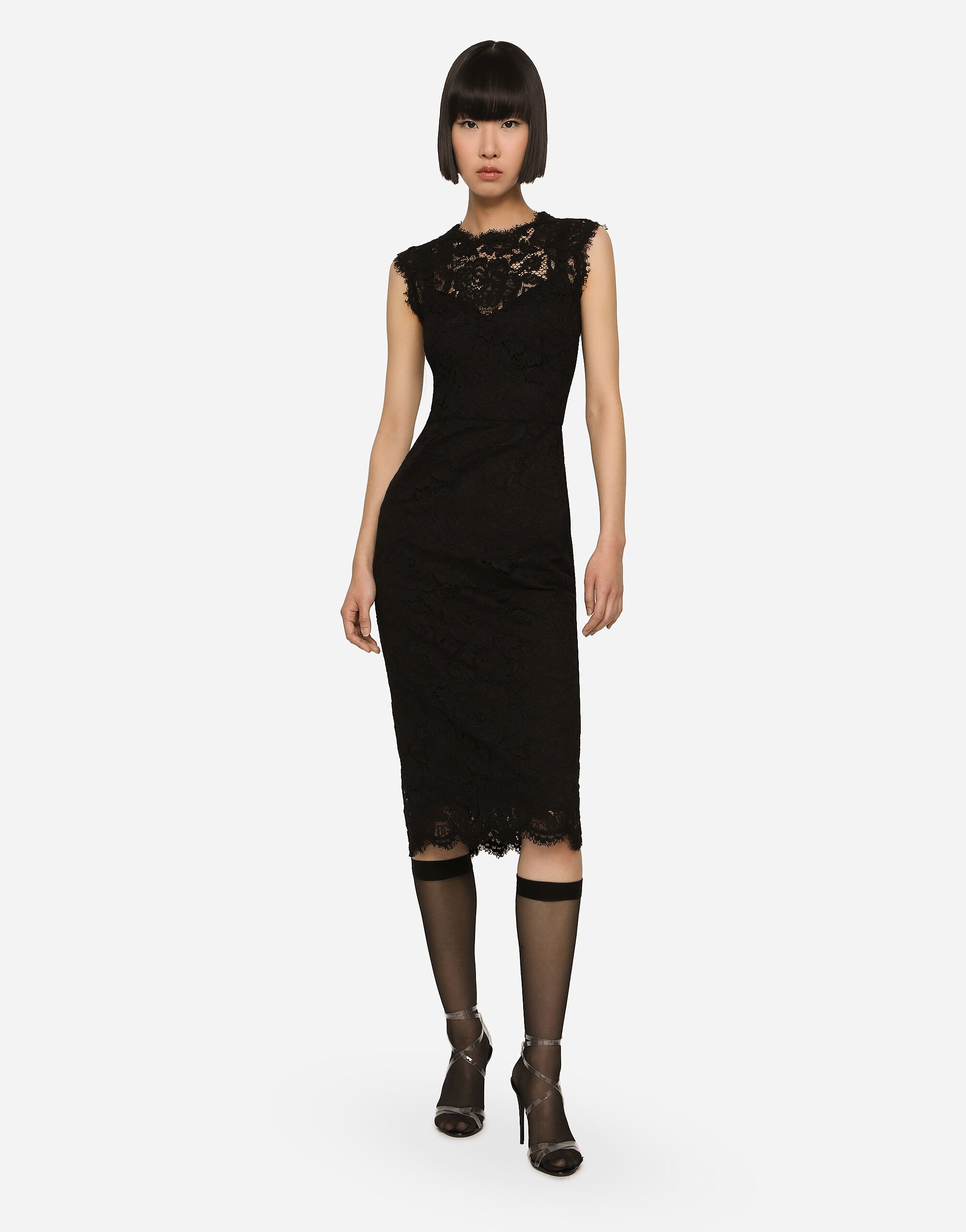 Branded stretch lace calf length dress in Black for Women
