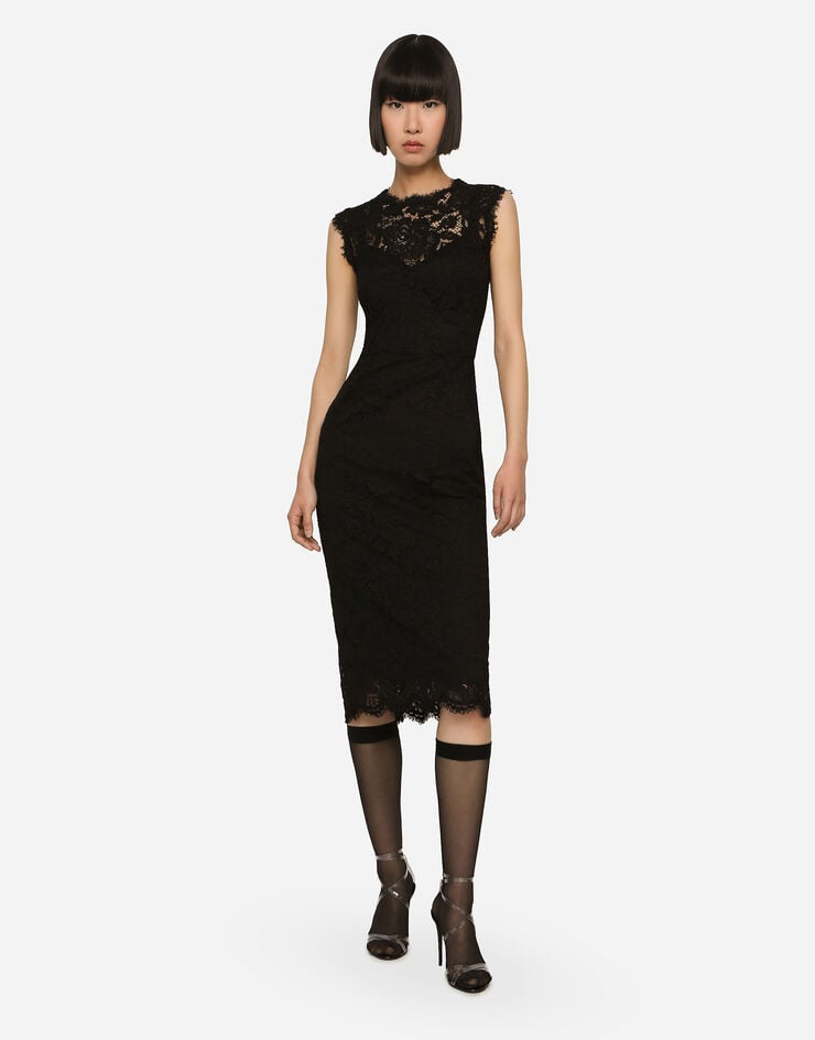 Dolce & Gabbana Robe mi-longue en dentelle stretch à logo Noir F6H0ZTFLRE1