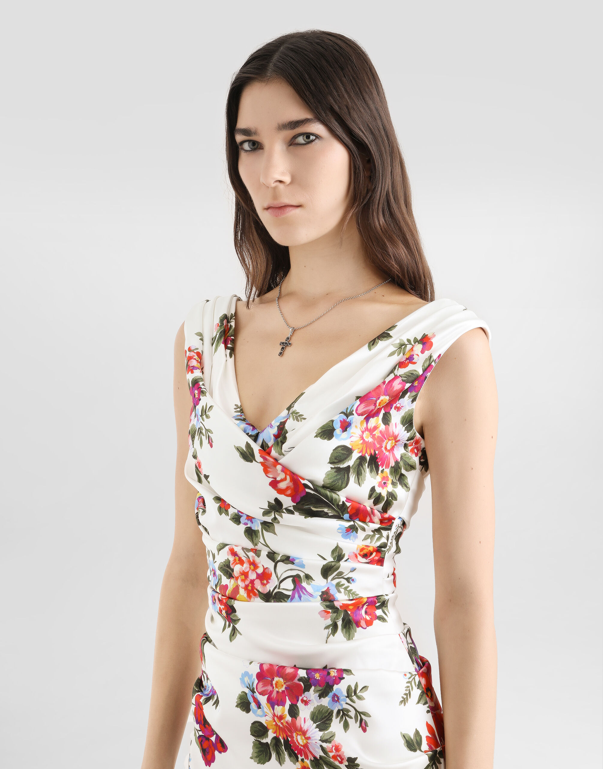 Flower bouquet-print satin dress in Multicolor for Women