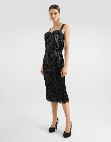 Dolce & Gabbana Calf-length slip dress with sequined fringing Multicolor F6TOKTGDC0G