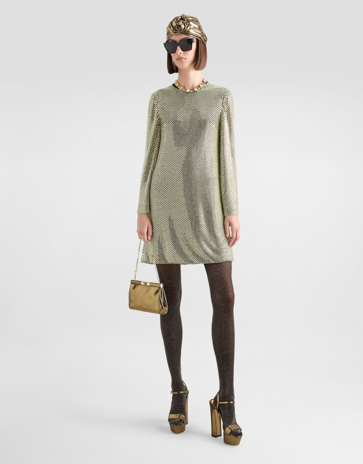 Dolce & Gabbana Short long-sleeved dress in crystal mesh Gold F6TJKZFLSK3