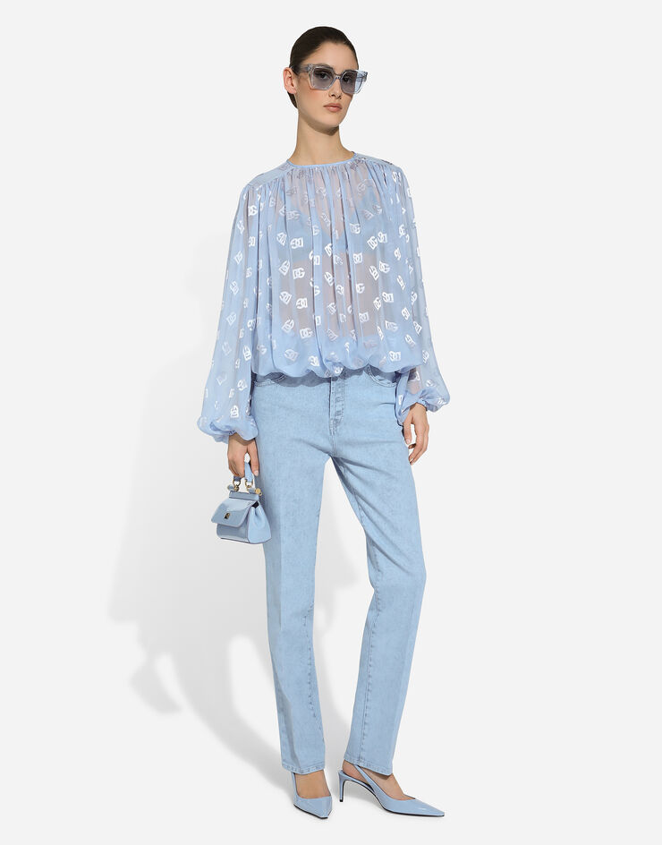 Dolce & Gabbana Dévoré satin jacquard blouse with all-over DG logo Light Blue F761RTFJTBR