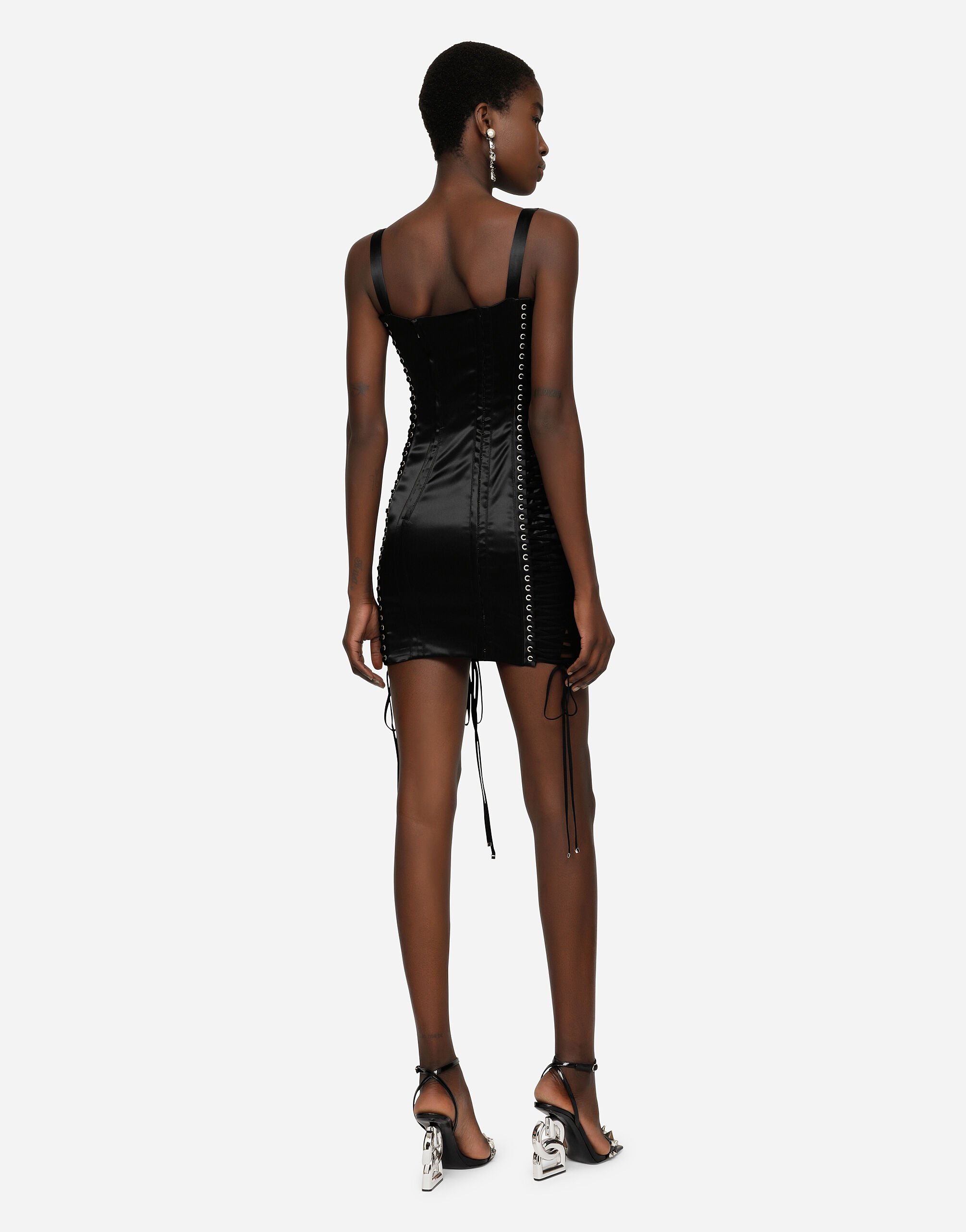 女士黑Satin minidress with laces and eyelets | Dolce&Gabbana®