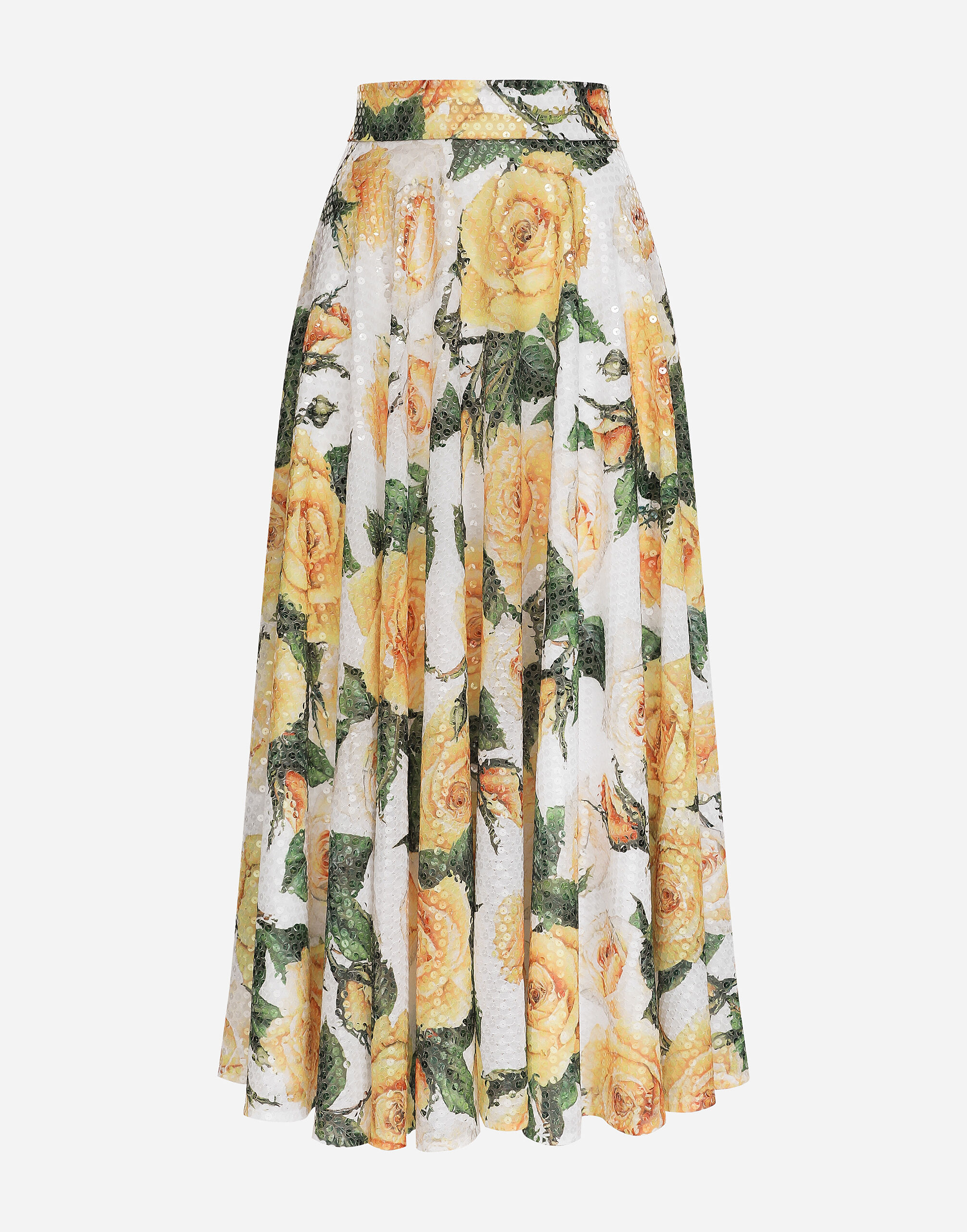 Dolce & Gabbana Sequined midi circle skirt with yellow rose print Print F4CWBTHS5R7