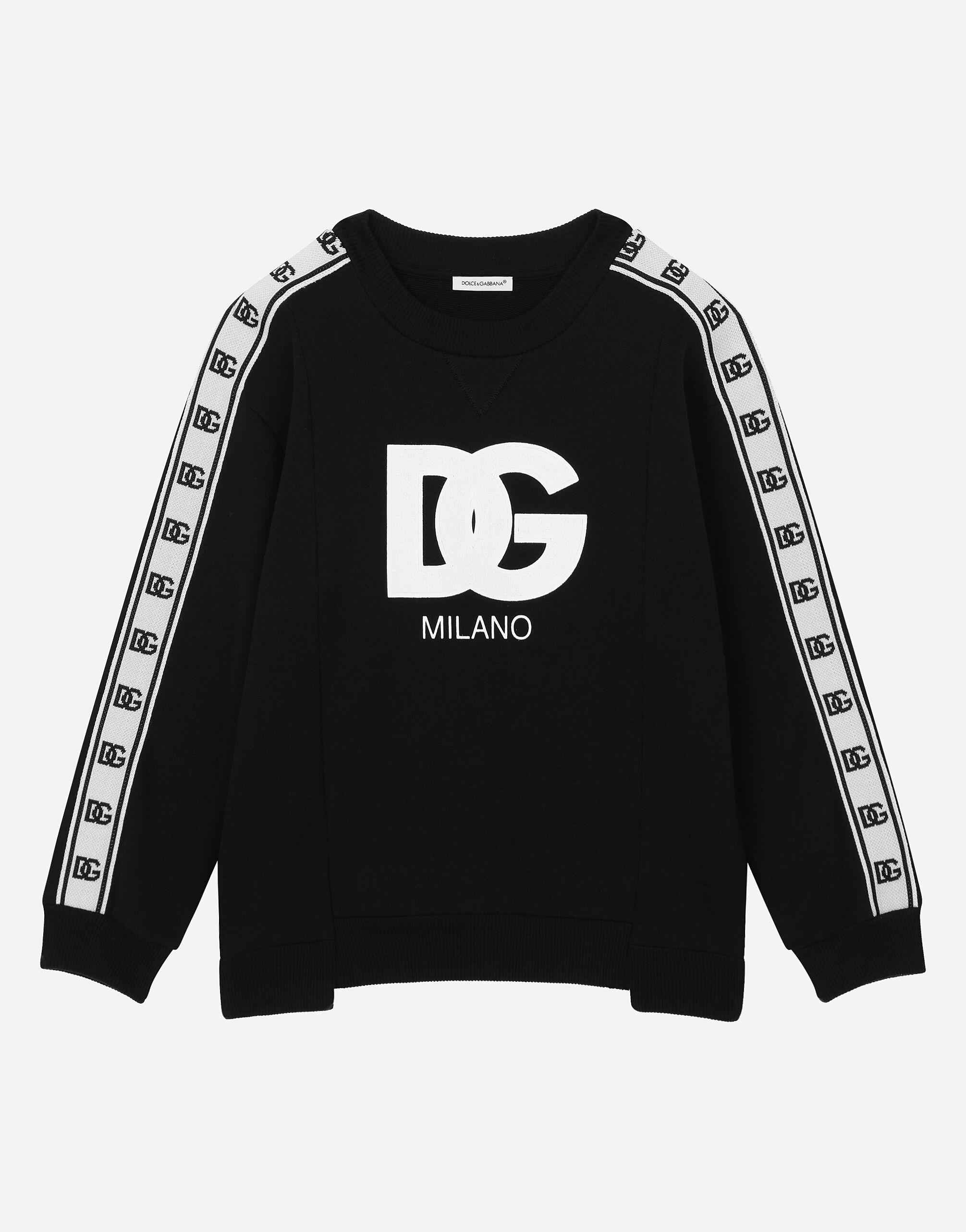 DolceGabbanaSpa Long-sleeved round-neck sweatshirt with logo print and branded trims Black L4JWIRG7KK0