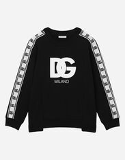 Dolce & Gabbana Long-sleeved round-neck sweatshirt with logo print and branded trims Black L4JTEYG7K8Z