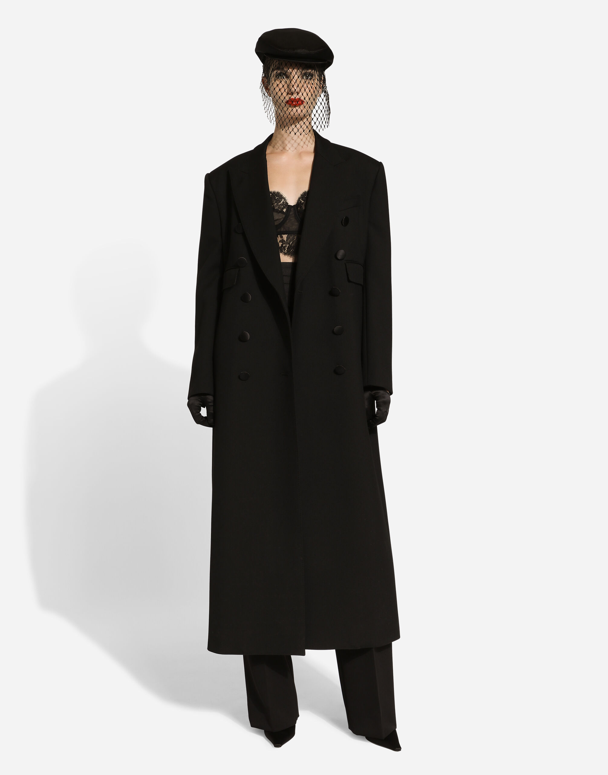 Long double breasted tuxedo coat in double wool gabardine in Black for Women Dolce Gabbana