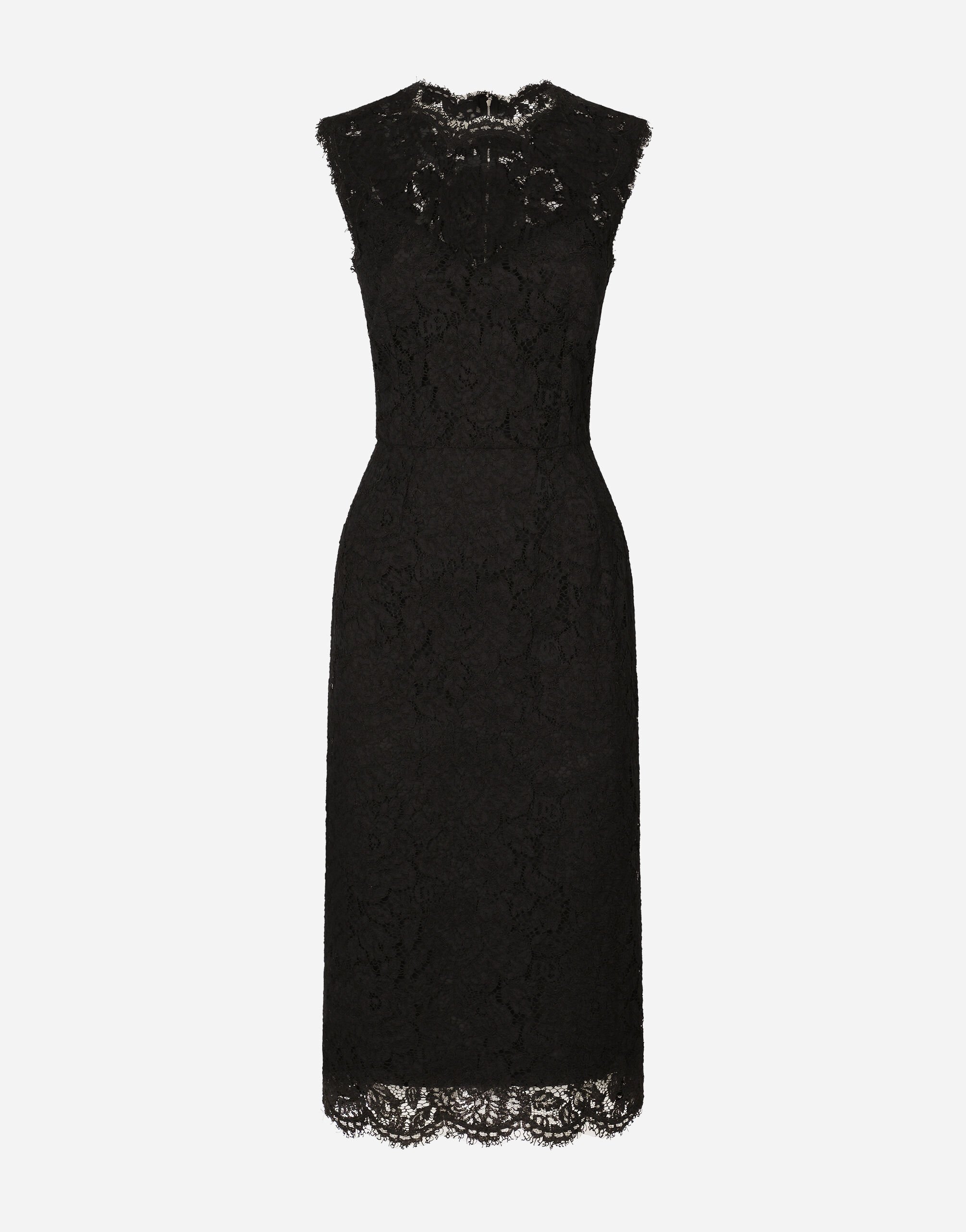 Dolce & Gabbana Longuette-Kleid aus elastischer Spitze mit Logo Schwarz BB6002AI413