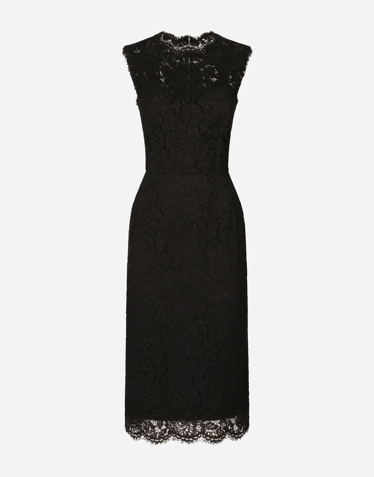 Dolce & Gabbana فستان بطول للربلة من دانتيل مرن مصقول أسود F6H0ZTFLRE1