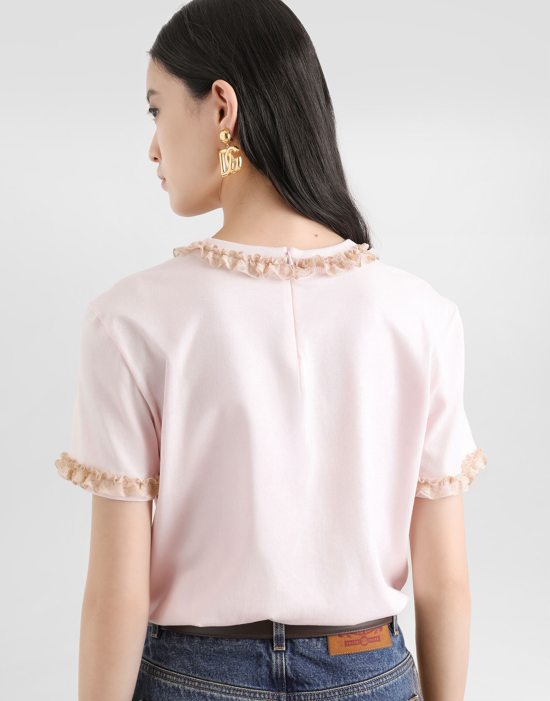 Jersey t-shirt with lace and embroidery in Pink for Women