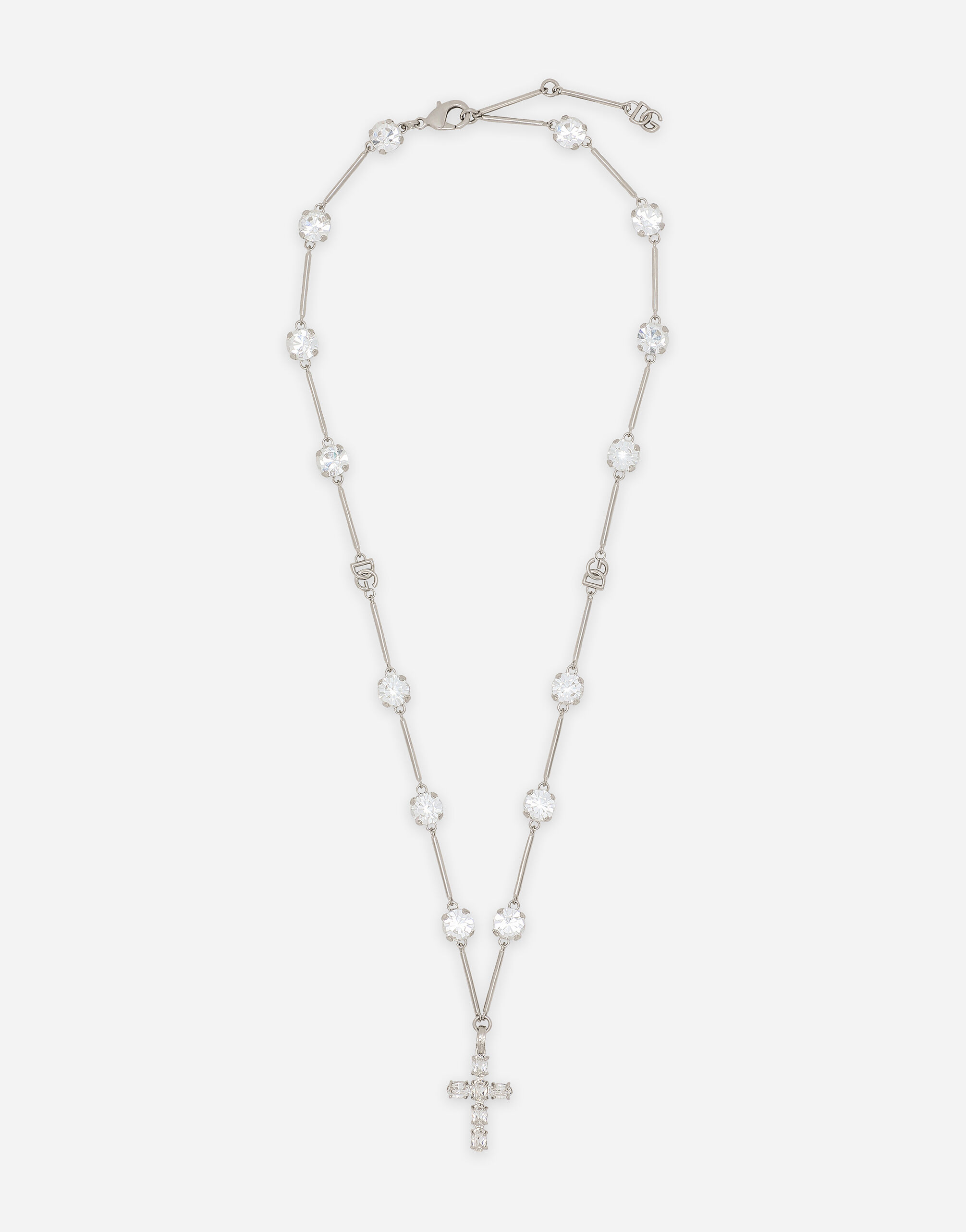Rosary style necklace with rhinestone detailed crosses in Crystal