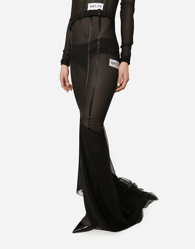 Dolce & Gabbana Langer Rock mit Mermaid-Volant aus Seide Schwarz F4CL4TFUAA1