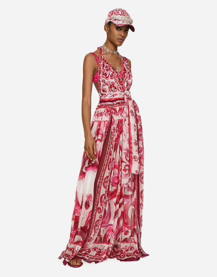 Dolce & Gabbana Vestido largo sin mangas de chifón con estampado Maiolica Multicolor F6ALPTHI1BX