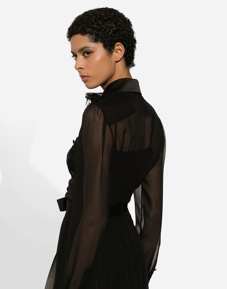 Dolce & Gabbana Vestido camisero longuette de chifón con detalles de raso Negro F6IAJTFU1AT