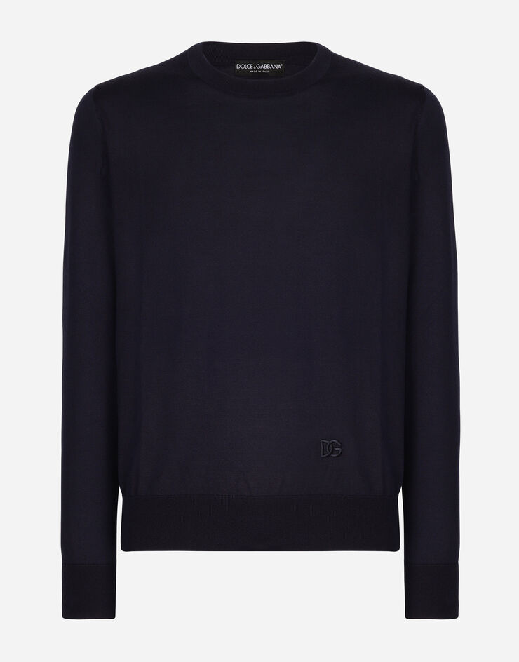 Dolce & Gabbana Silk round-neck sweater with DG embroidery  Blue GXX02ZJBSF8
