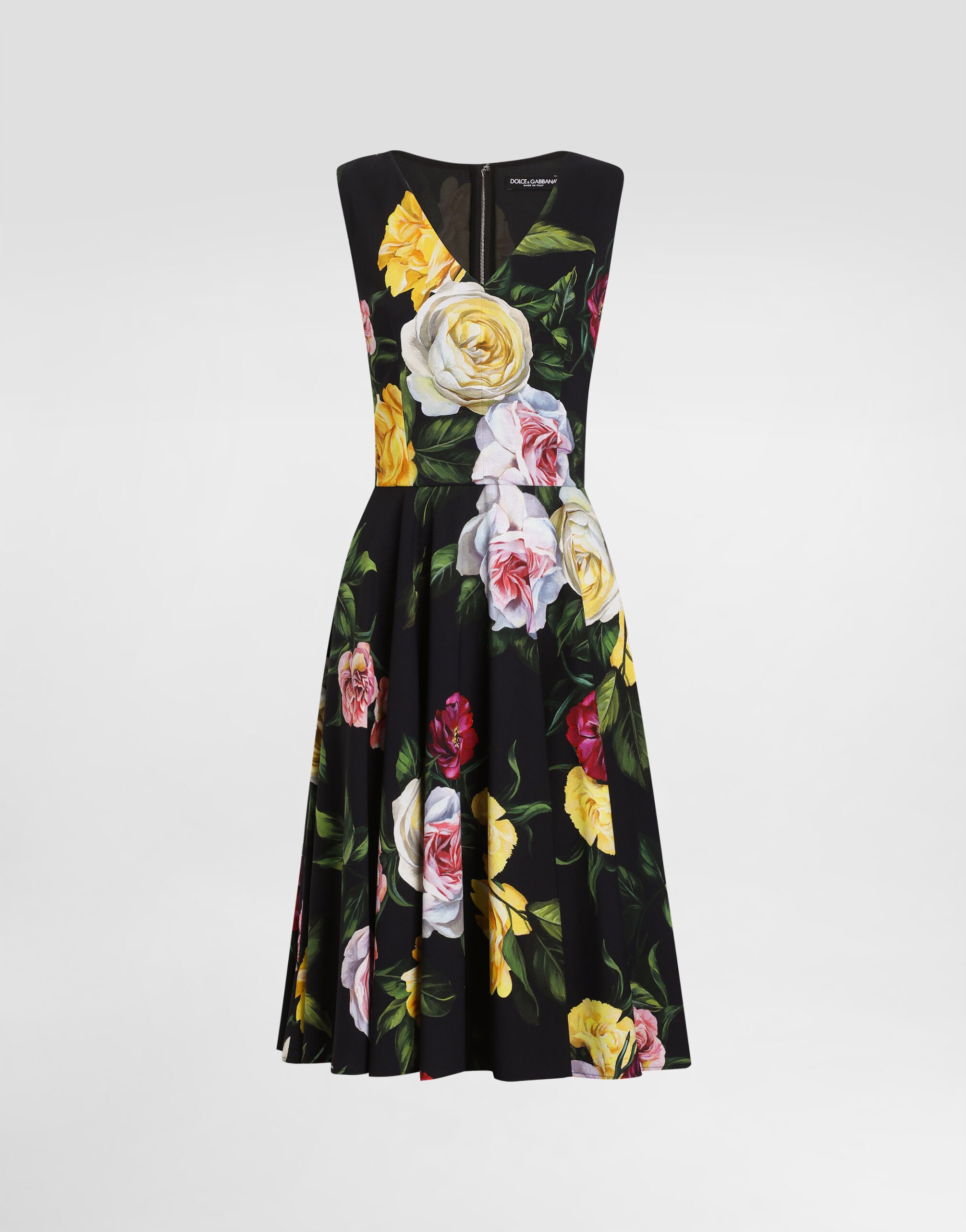 Peony and rose-print cady calf-length dress with circle