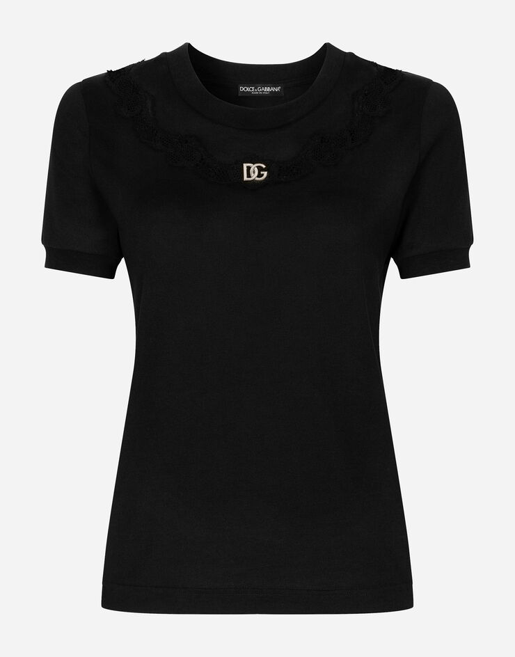 Dolce & Gabbana T-Shirt aus Jersey mit Einsätzen aus Spitze und DG-Logo Schwarz F8T66ZG7H1Z