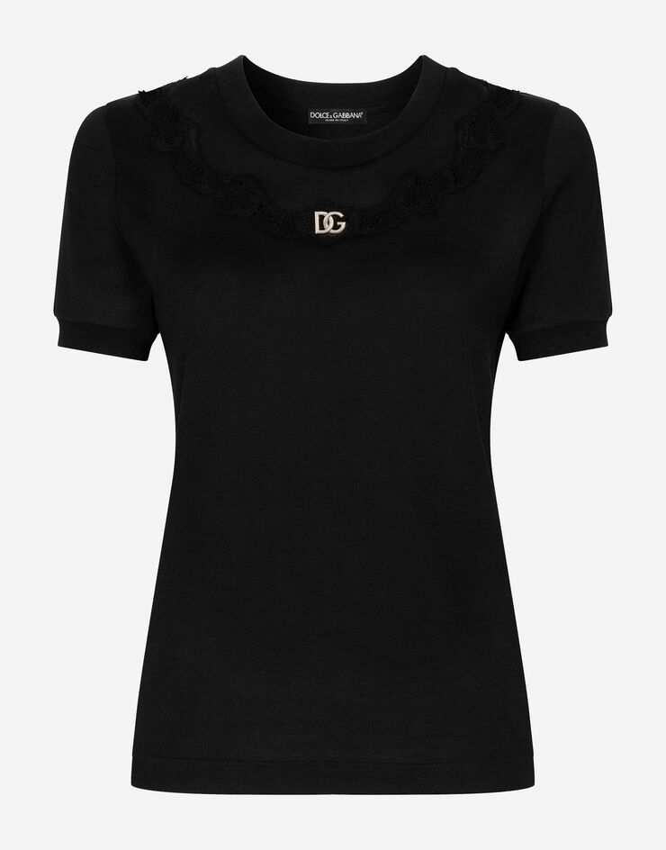 Dolce & Gabbana Camiseta de punto con aplicaciones de encaje y logotipo DG Negro F8T66ZG7H1Z