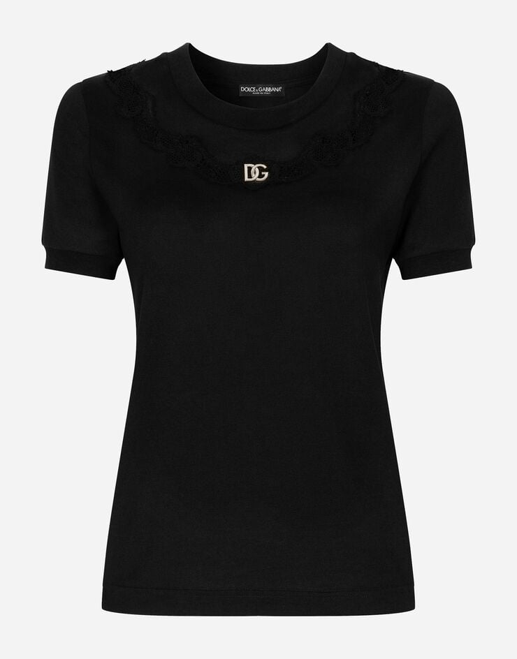 Dolce & Gabbana T-shirt in jersey con inserti in pizzo e logo DG Nero F8T66ZG7H1Z
