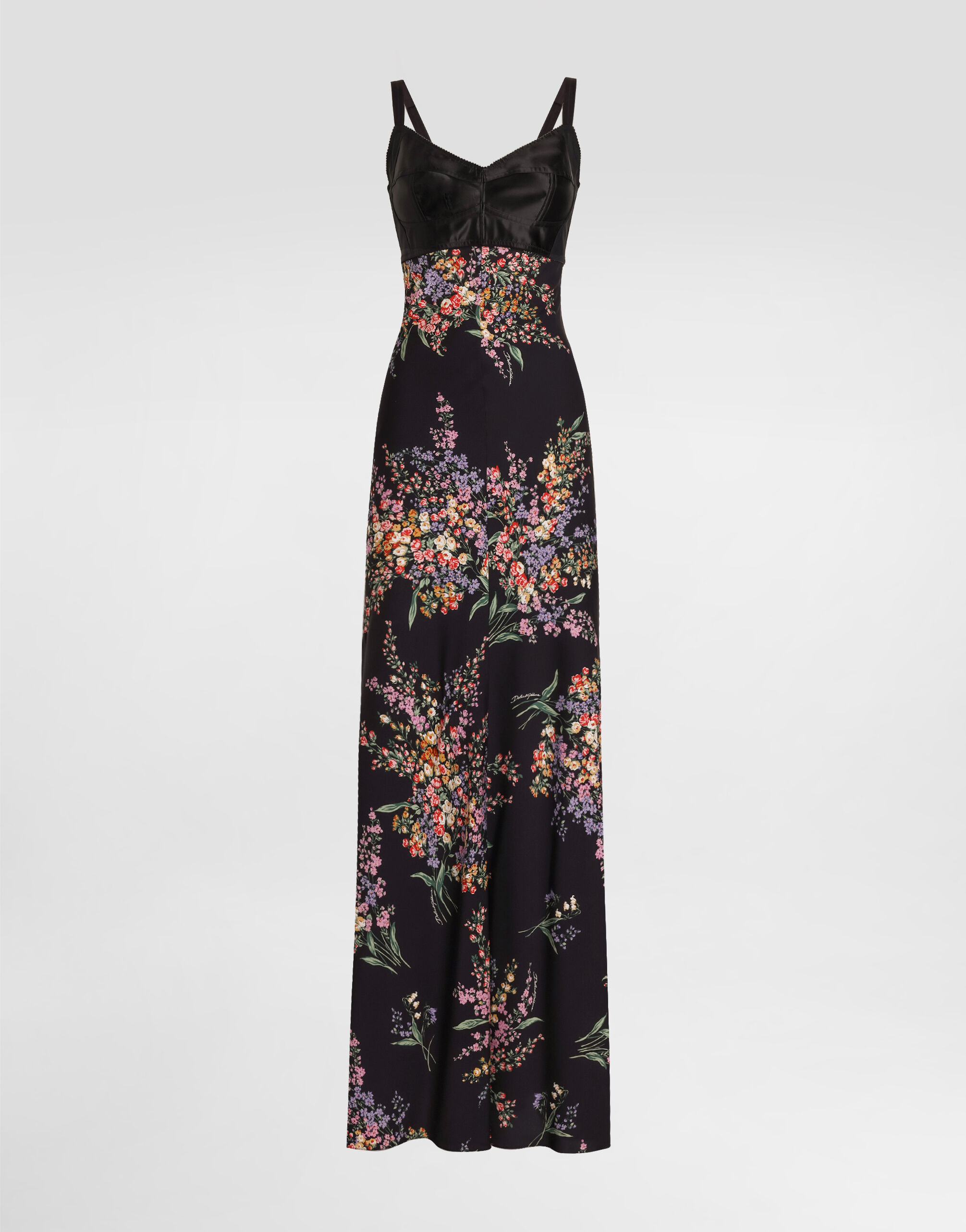 Flower bouquets-print long charmeuse dress in Multicolor for Women