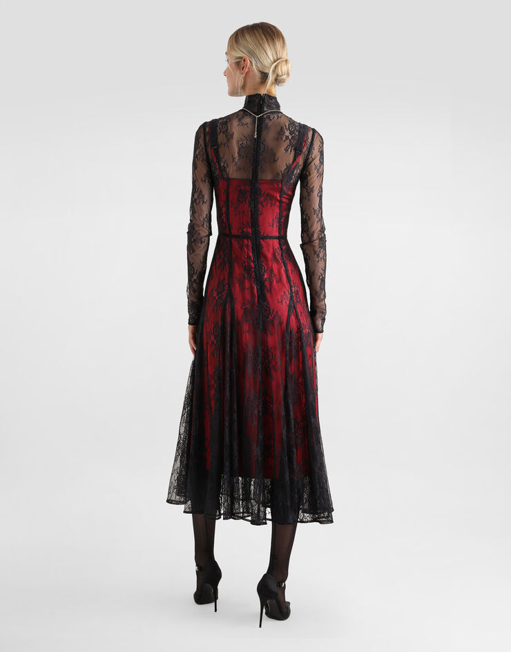 Dolce & Gabbana Lace calf-length dress with high neck and contrasting lining Black F6JORTFLREW