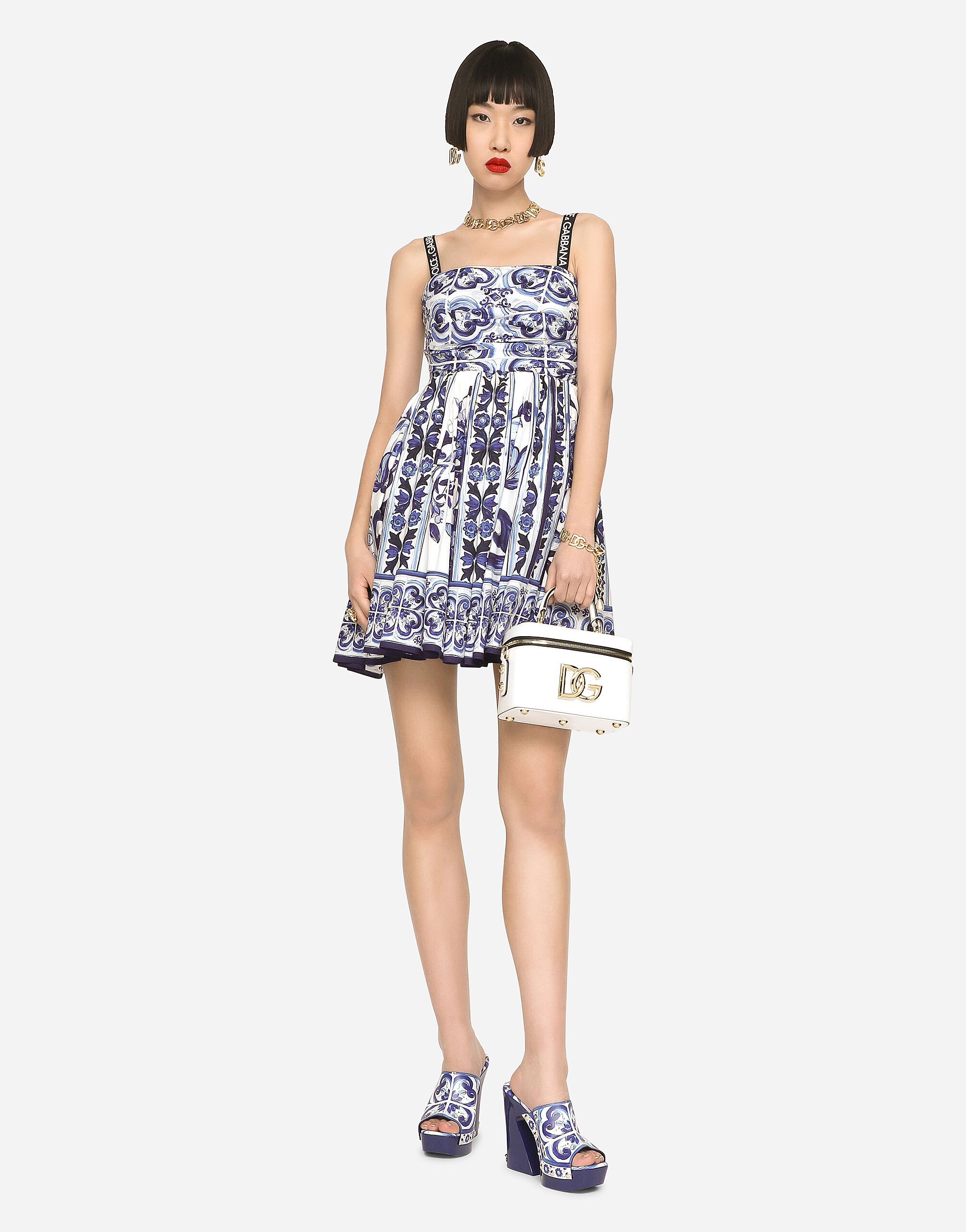 Short majolica print poplin dress in Multicolor for Women Dolce Gabbana
