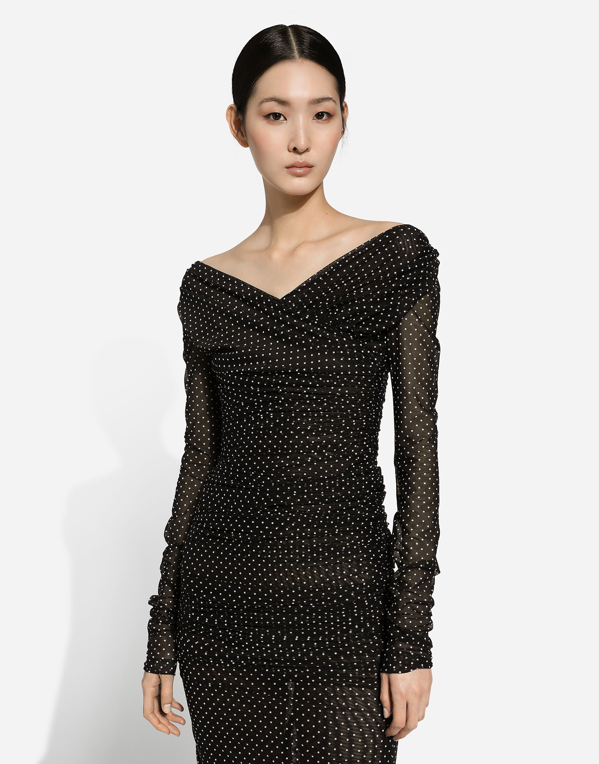 Tulle calf length dress with draping and polka dot print in Print for Women Dolce Gabbana