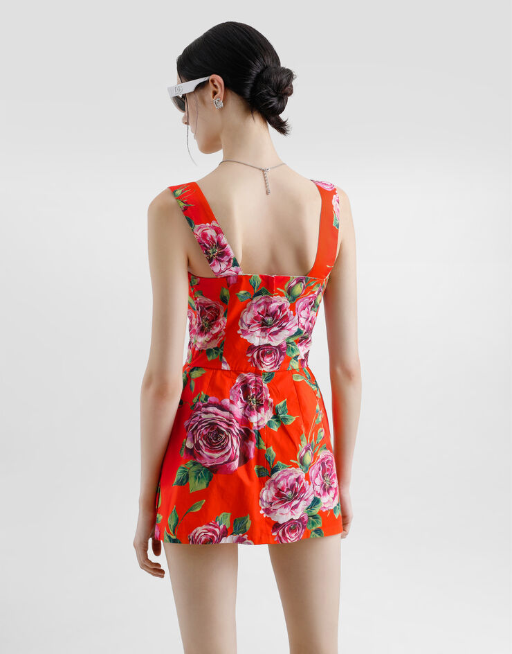 Dolce & Gabbana Langes Bustier-Top aus Baumwolle Rosenprint Drucken F7AO6THS5TI