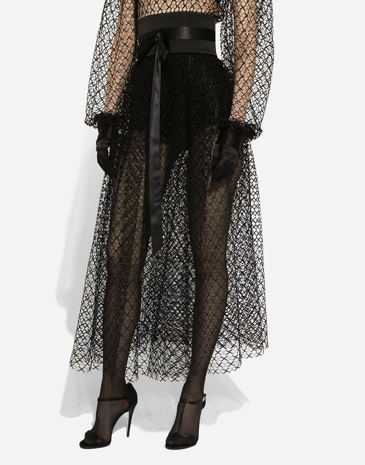 Dolce & Gabbana Longuette-Kleid Netzgewebe mit Gürtel aus Wollkrepp Schwarz F6JOITILMBE