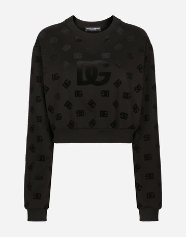 Dolce & Gabbana Sweatshirt aus Jersey mit geflocktem DG-Logoprint Schwarz FXE03TJBMQ3