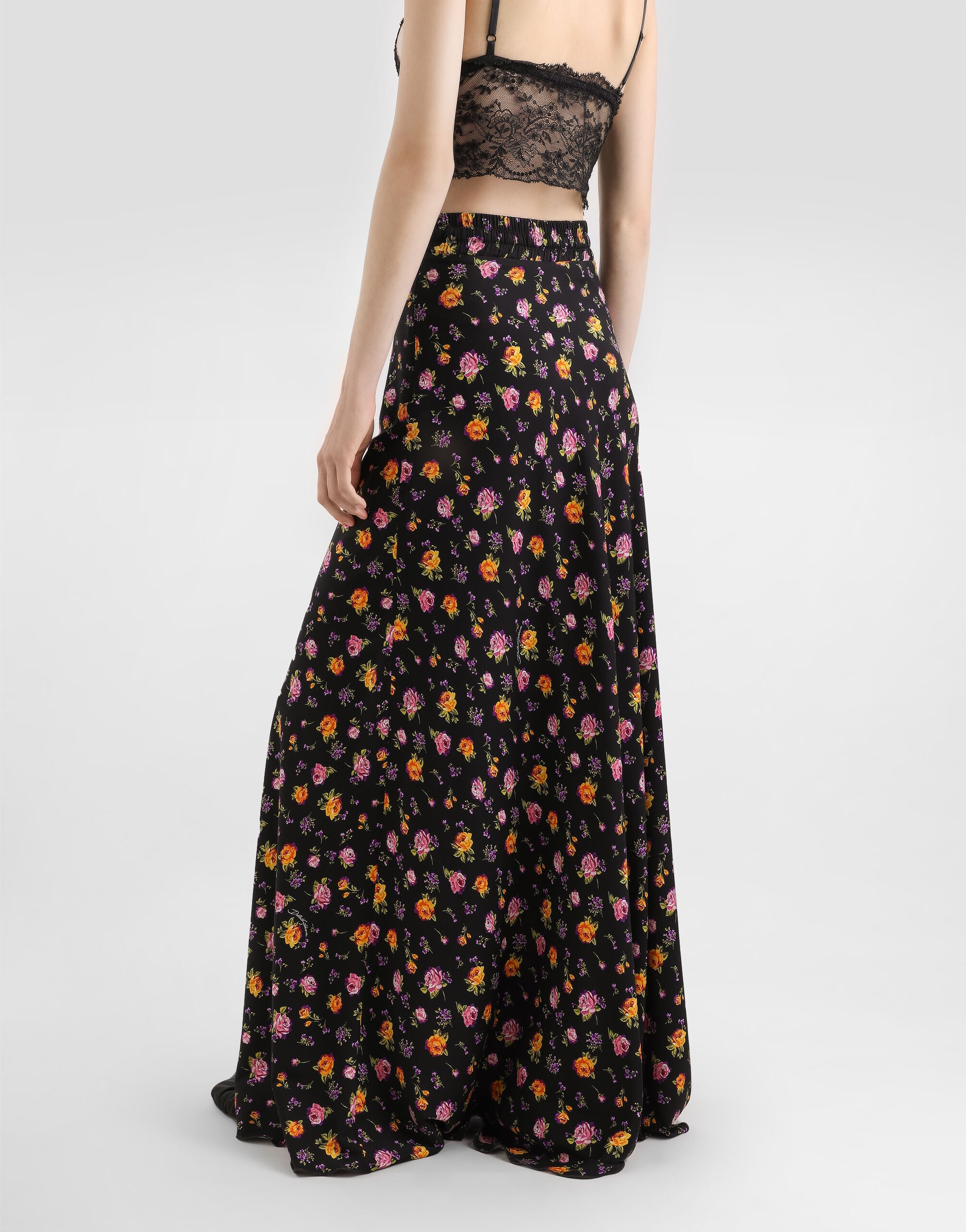 Small rose bouquets-print flared charmeuse skirt in Multicolor for