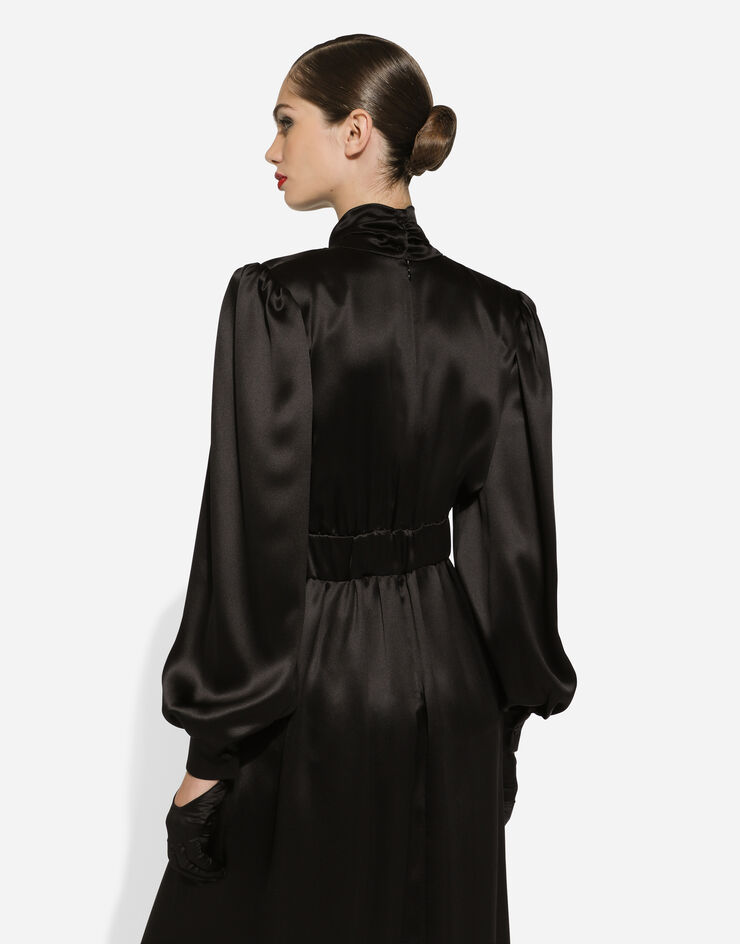 Dolce & Gabbana Vestido largo en raso de seda con abertura delantera Negro F6JNSTFU1NU