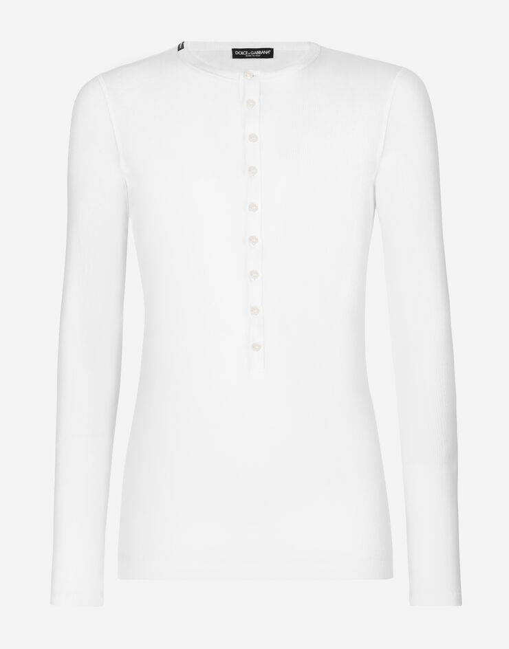 Fine-rib cotton granddad-neck T-shirt in White for