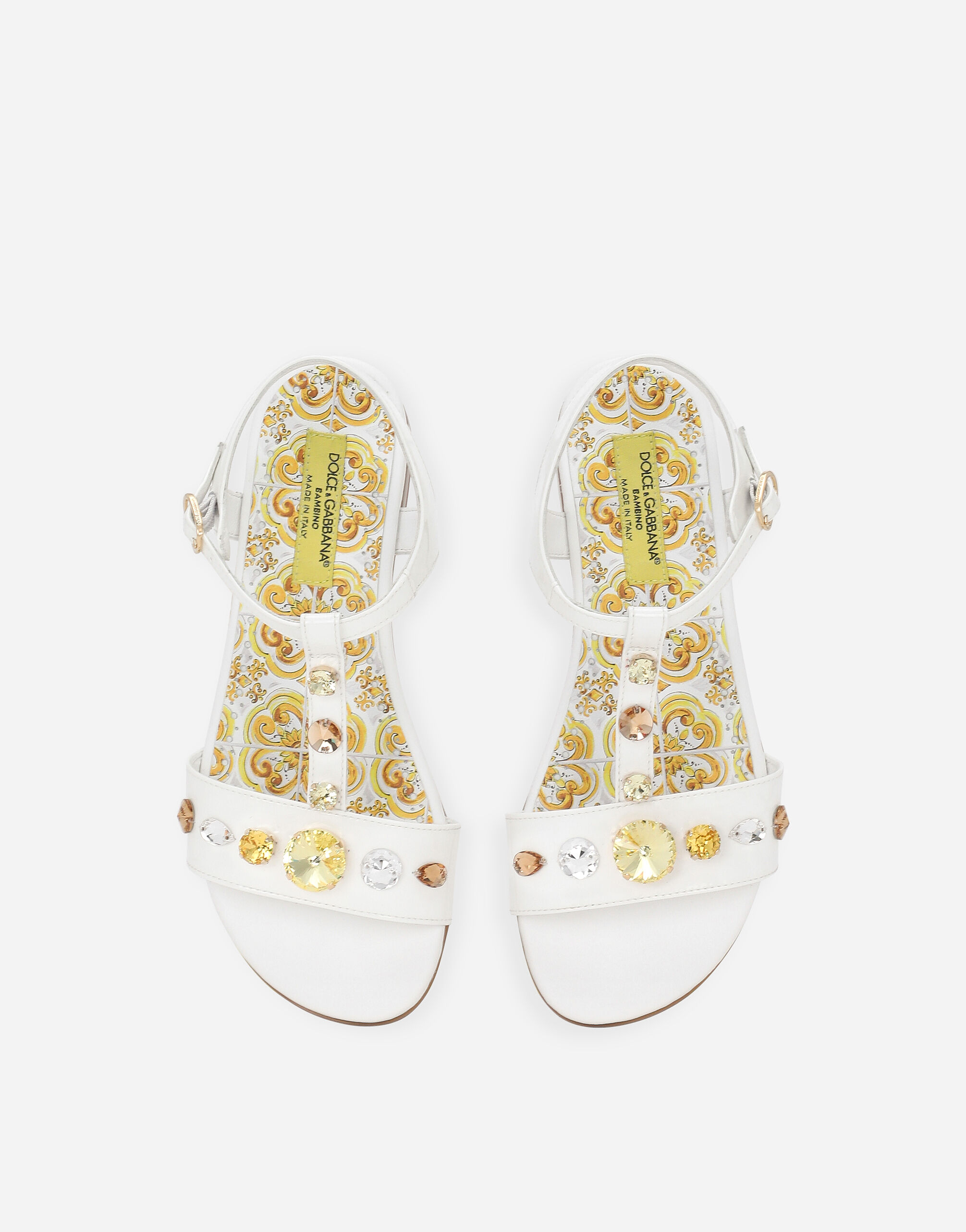 Patent leather sandals with yellow majolica print and Swarovski crystals in Yellow for Girls Dolce Gabbana