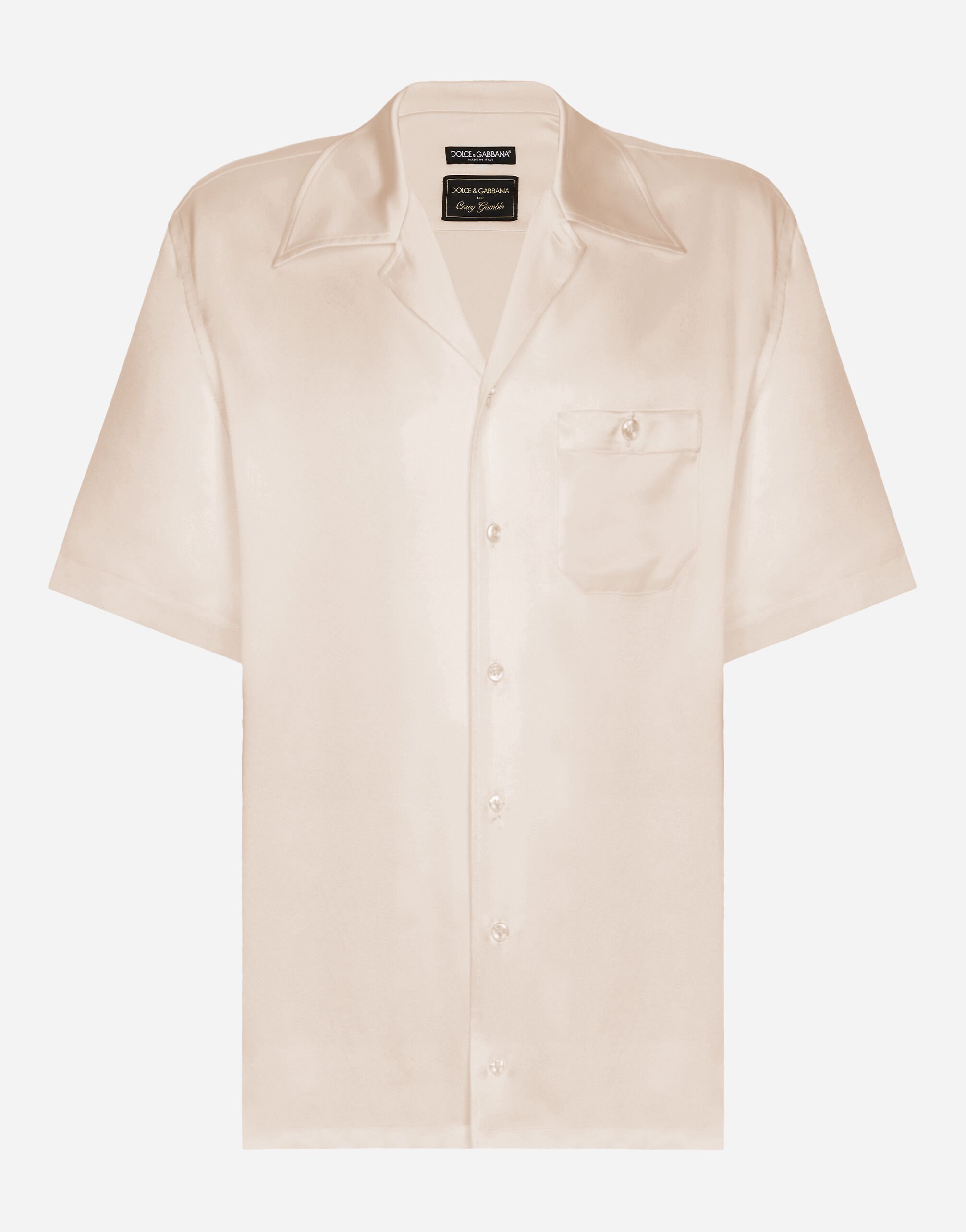 Dolce&Gabbana Silk satin Hawaiian shirt with metal DG logo Pale Pink I5955MFU1AU