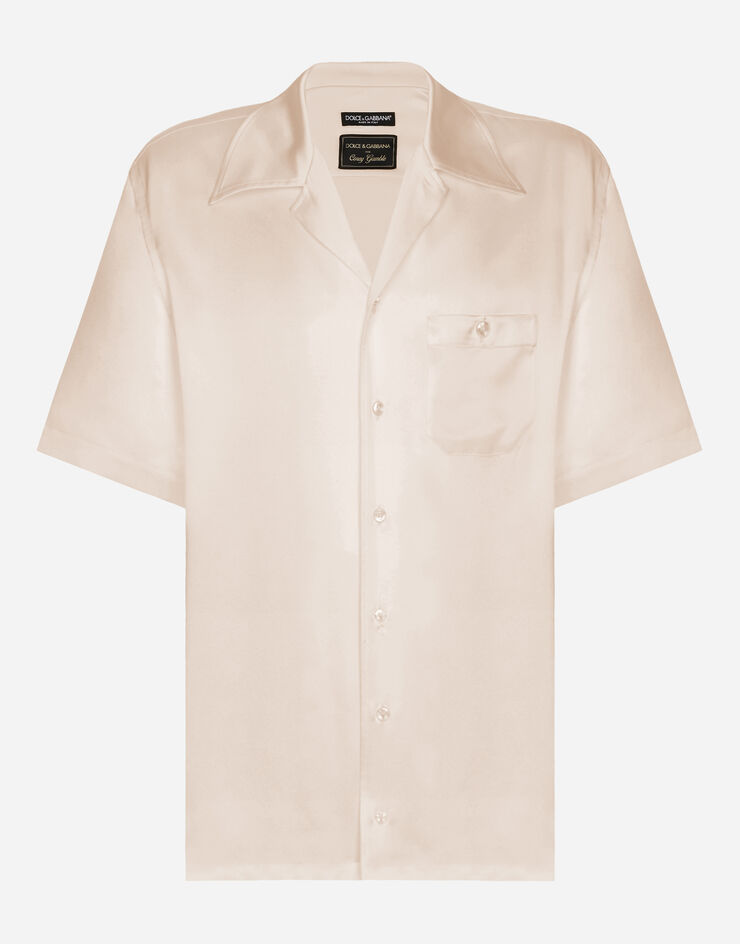Dolce & Gabbana Silk satin Hawaiian shirt with metal DG logo Pale Pink I5956MFU1AU