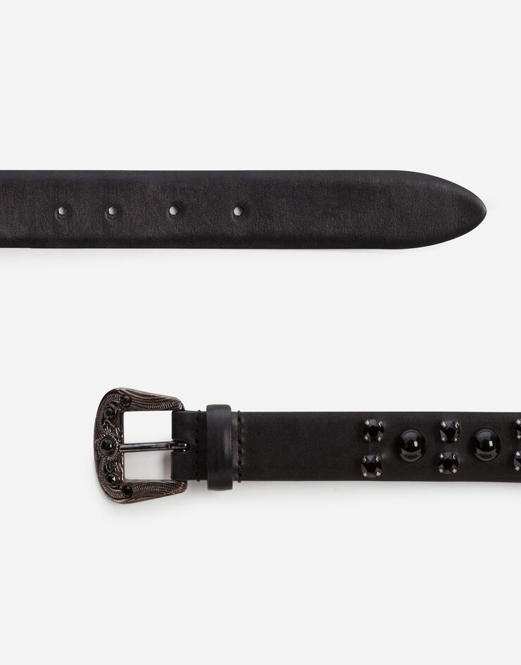 Dolce & Gabbana GOLD BOX CALFSKIN BELT WITH RHINESTONE EMBROIDERY AND RIVETS NERO BC4426AX738