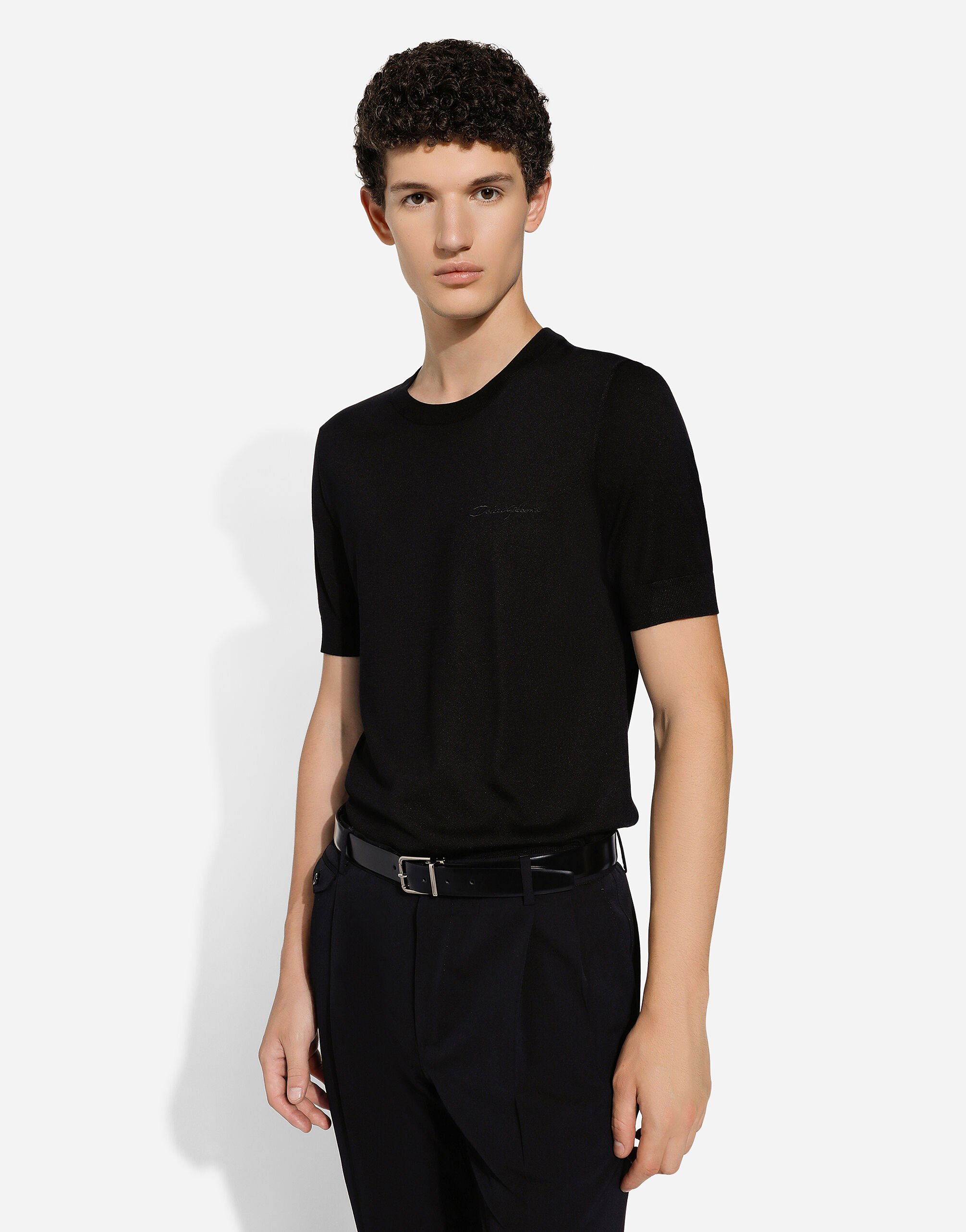 Round-neck silk sweater with Dolce&Gabbana logo in Black for