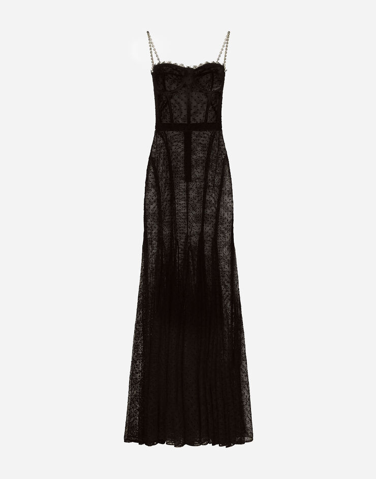Long flocked tulle dress in Black for