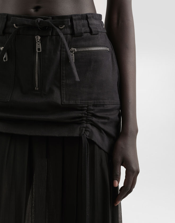Dolce & Gabbana Twill midi skirt with chiffon Black F4DAOTGDDHV