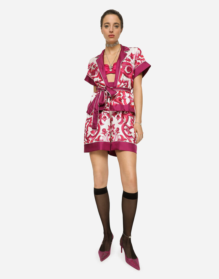 Dolce&Gabbana Camicia in twill stampa maiolica con cintura Multicolore F5G67THI1BF